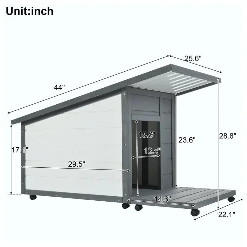 Outdoor Solid Wood Dog house, 15.8" H x 12.4" W Modern Style Design Waterproof Dog House With Food bowl for Small Dogs, 4 swivel wheels
