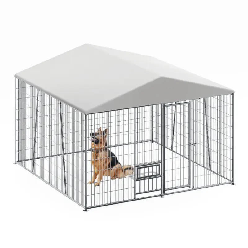 10 x 10-FT heavy-duty outdoor dog kennel with feeding bowl, full coverage waterproof roof, easy-to-assemble wire mesh fence with secure lock.