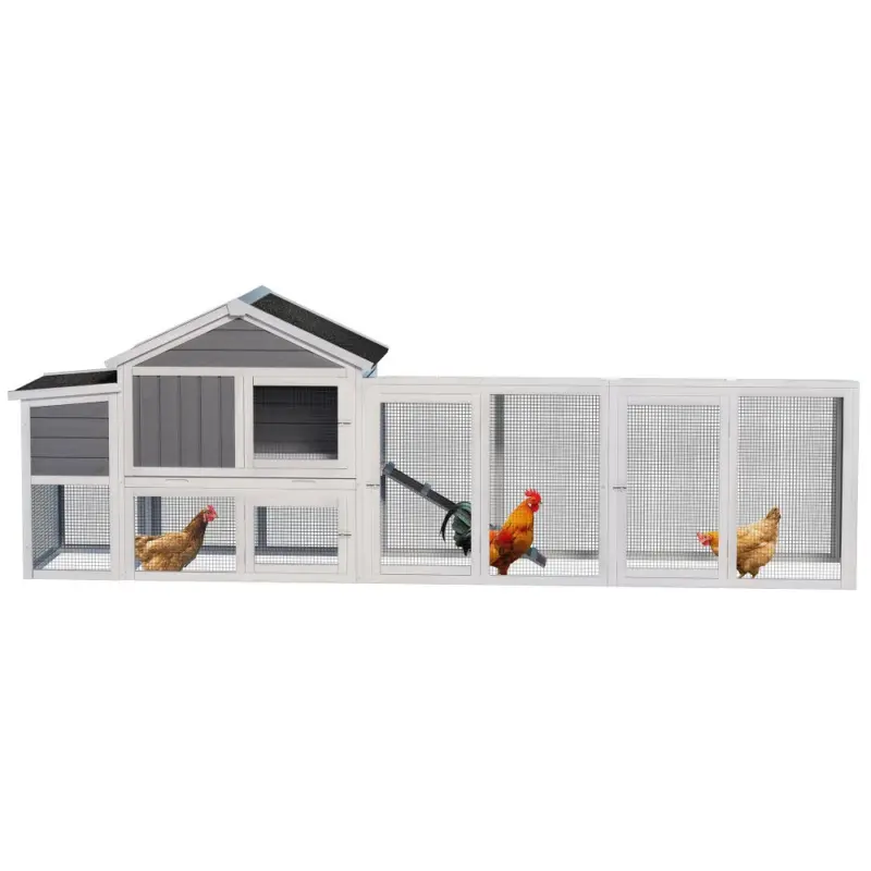 113.5" Gray Large Wooden Chicken Coop Outdoor Hen House with Run, Waterproof Anti-UV Panel & Nesting Box, Secure Lock, Removable Tray for 2–4 Chickens or Small Animals
