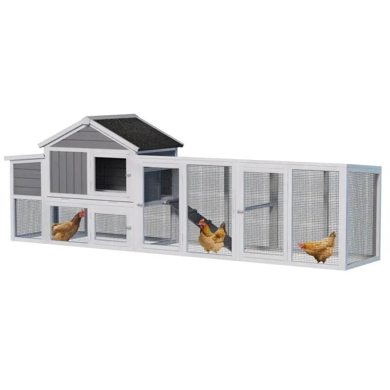 113.5" Gray Large Wooden Chicken Coop Outdoor Hen House with Run, Waterproof Anti-UV Panel & Nesting Box, Secure Lock, Removable Tray for 2–4 Chickens or Small Animals