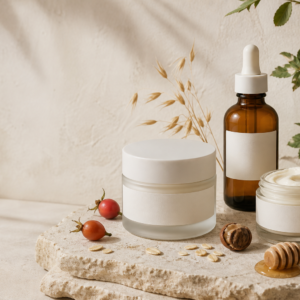 Unbranded natural skincare jars and botanical serum on warm stone