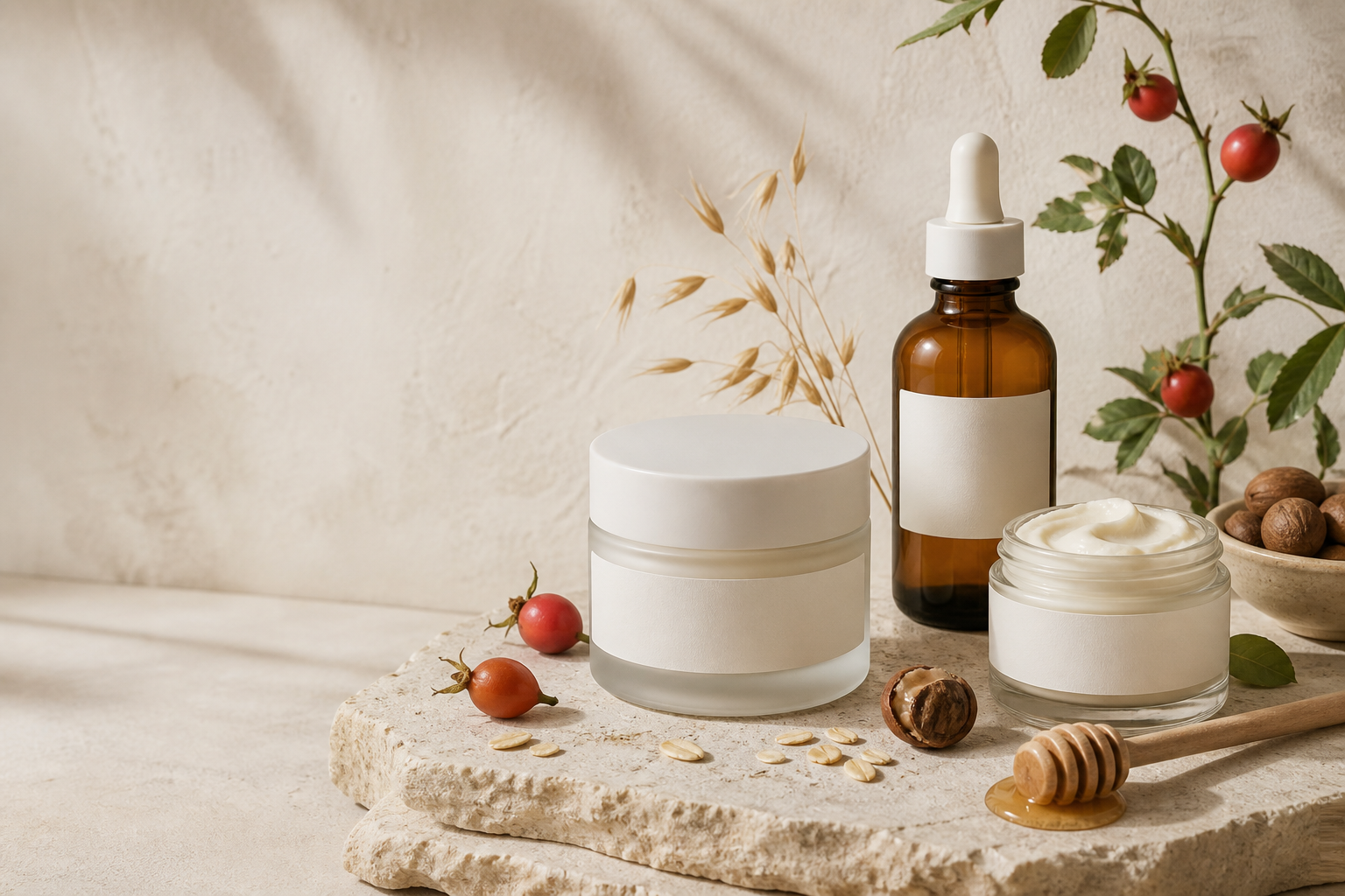 Unbranded botanical skincare in amber and frosted glass packaging